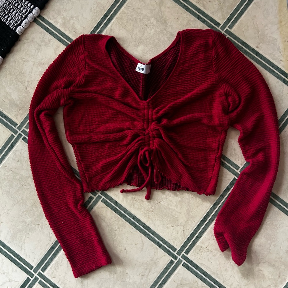 Hollister Red Cinched front Long Sleeve Crop Blouse